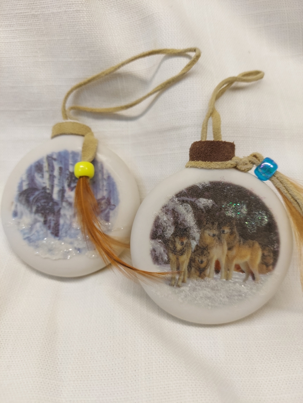 Handcrafted White Wolf Pack Holiday Ornament - Unbranded Ceramic - Set Of 2
